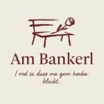 Logo von Helene Bauer - Am Bankerl. Eine handgezeichnete Skizze einer Holzbank mit einer Rose und dem bayerischen Spruch: "I red so, dass ma gern hocka bleibt.