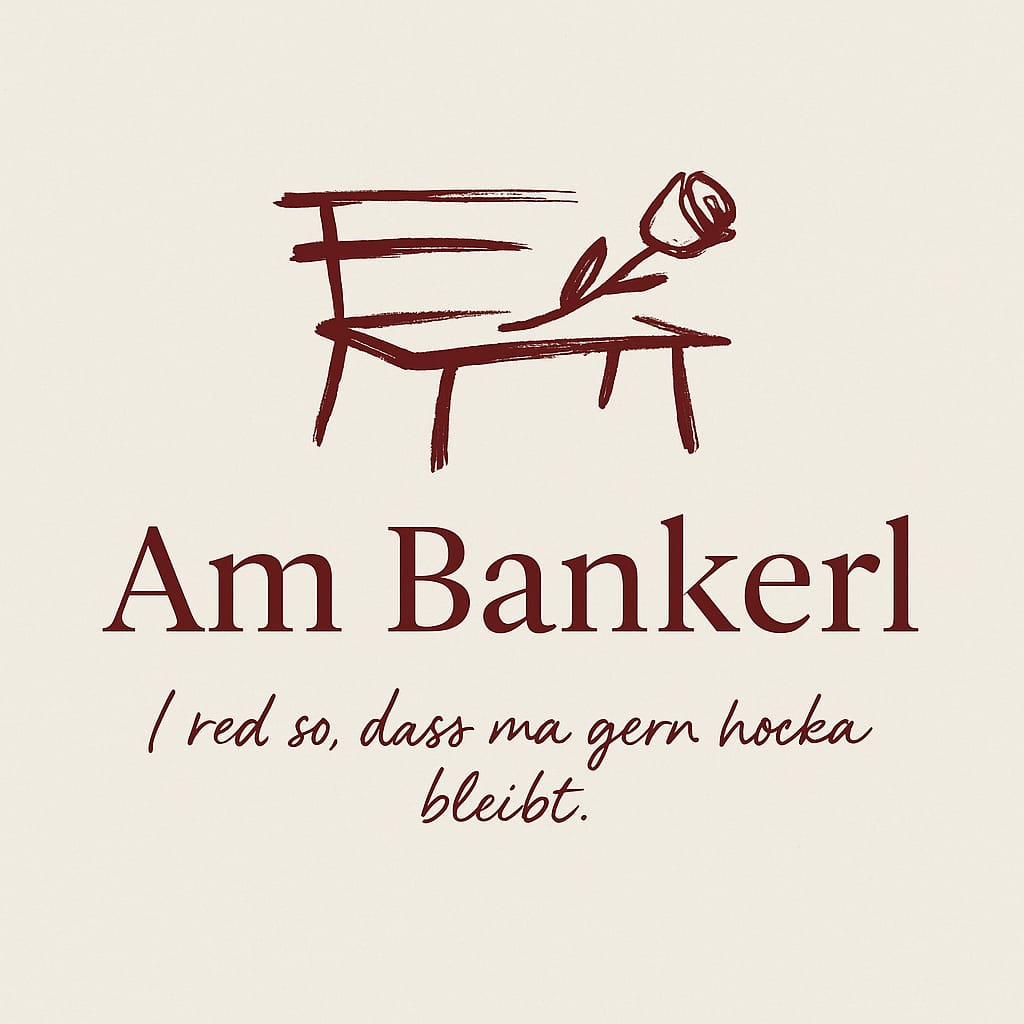 Logo des Formats "Am Bankerl" von Rednerin Helene Bauer mit gezeichneter Bank und Rose als Mikrofon