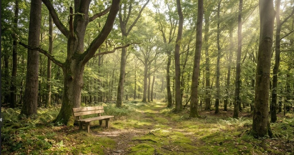 Eine rustikale Holzbank steht auf einem moosbedeckten Pfad in einem friedlichen Mischwald in Niederbayern bei Sonnenlicht.