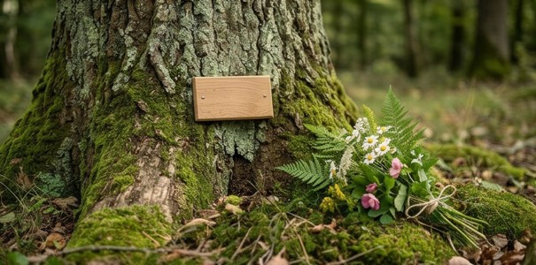 Nahaufnahme einer einfachen Holzplakette an einem moosigen Baumstamm, daneben liegt ein kleiner Wildblumenstrauß.